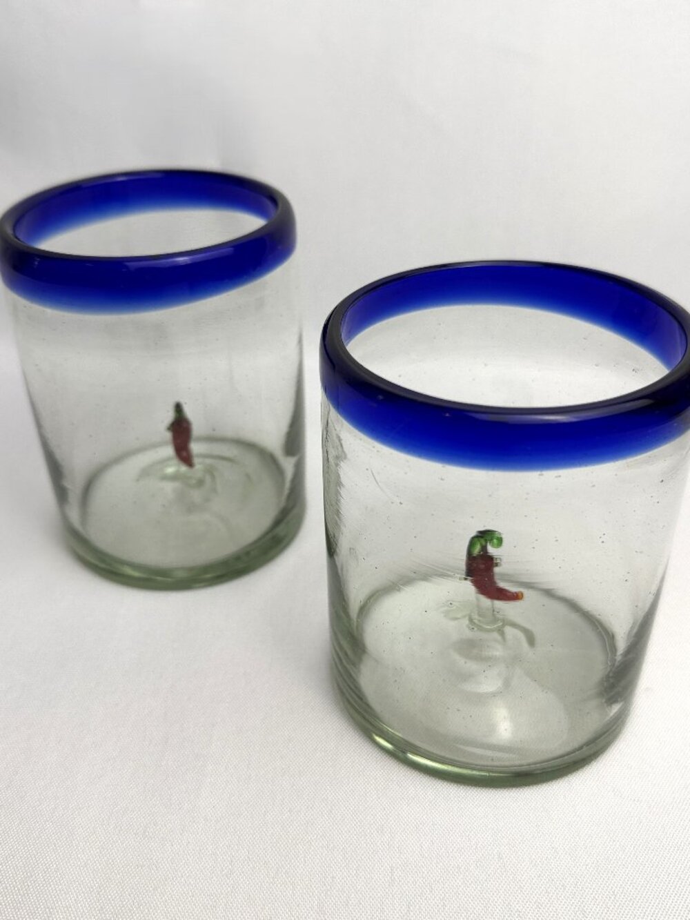 Artisan Hand Blown Vintage Tumblers Chili Pepper Inside Cobalt Blue Rim  2 pcs.